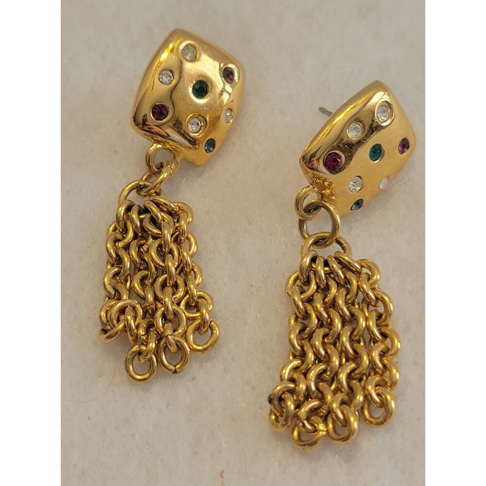 Vtg Dangle Pierced Earrings Fringe Chain Gold Tone Stud Rhinestone Jewelry
